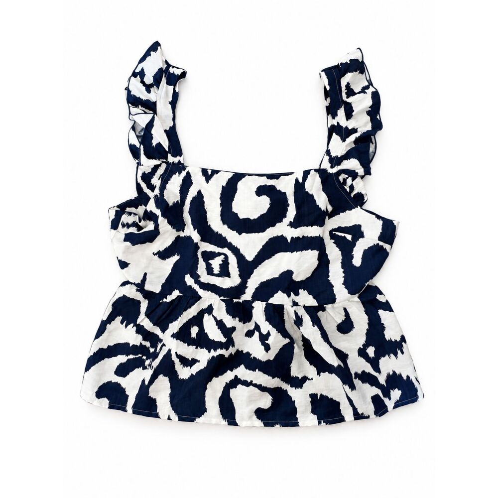 **CUPSHE Navy & White Abstract Print Ruffle Strap Top – NWT**